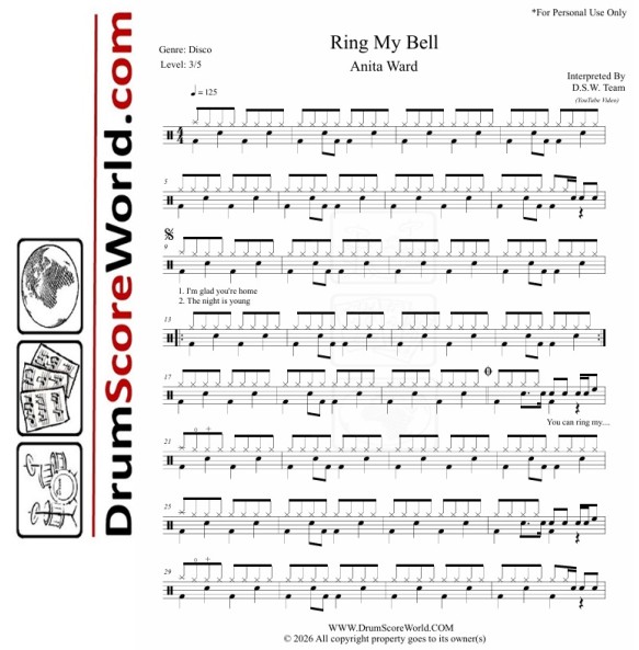 Anita Ward - Ring My Bell - Drum Sheet